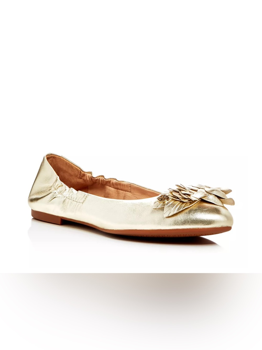 NEW Tory Burch Blossom Gold Leather Ballet Flats Floral Logo Shoes Size 6
